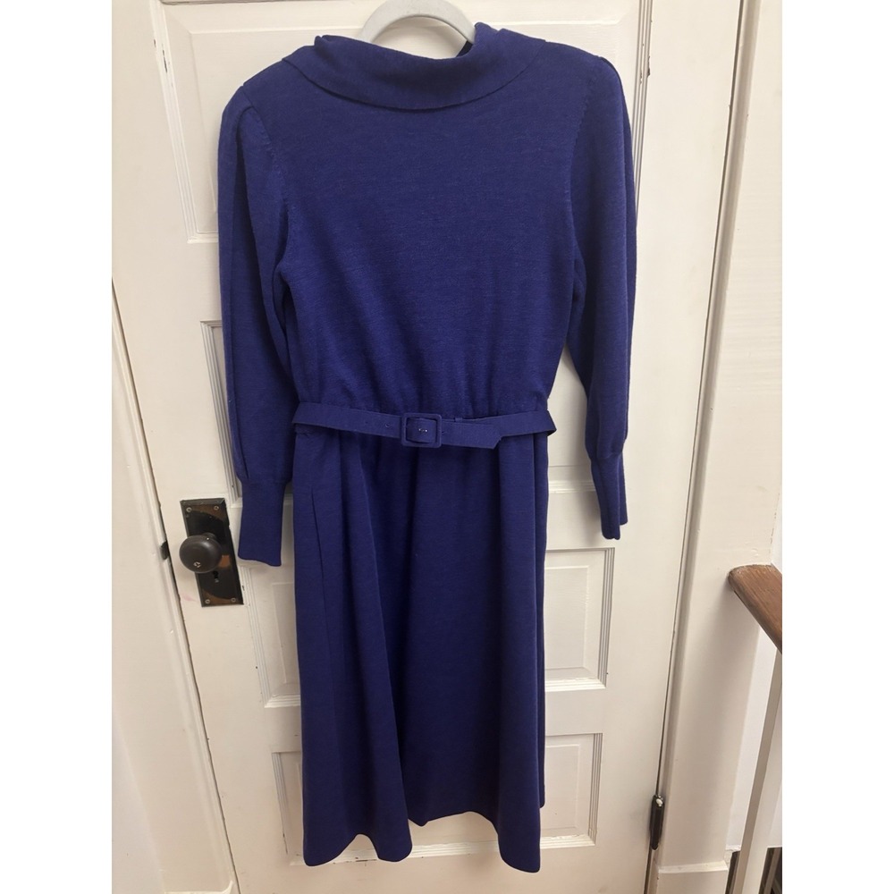 Vintage 1980's Ciao Ltd‎ 100% Pure New Wool Blue Belted Sweater Dress Size 10